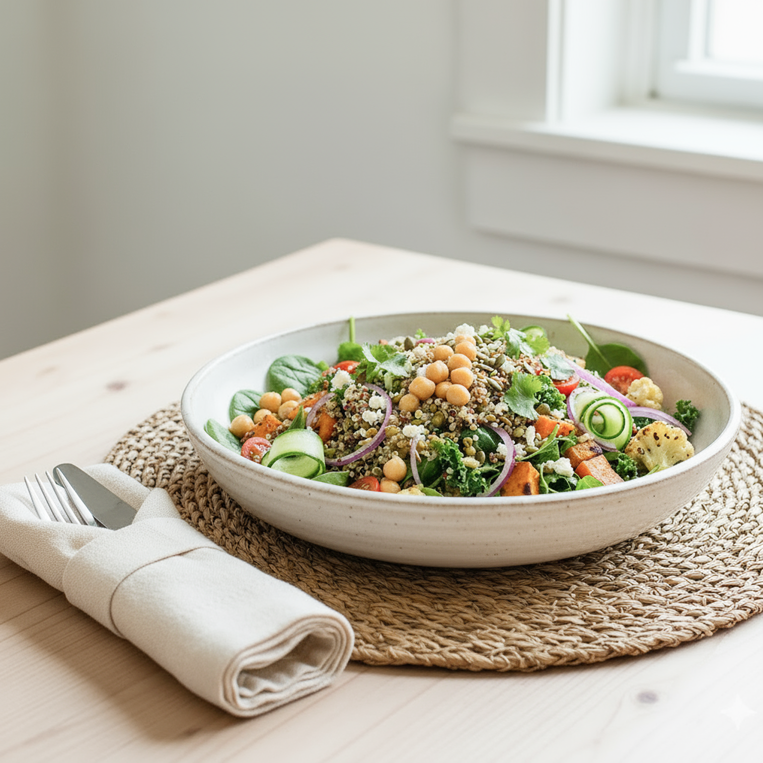 Prato com grão-de-bico, vegetais frescos e folhas verdes, representando uma alimentação rica em leguminosas e vegetais.