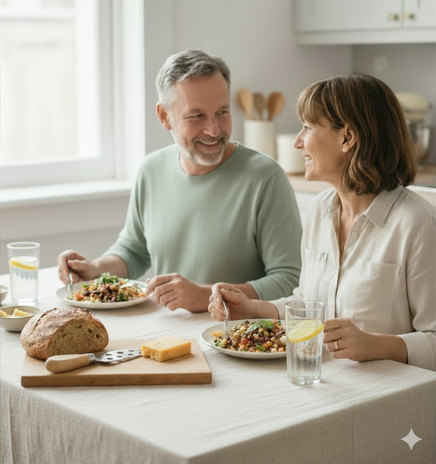 Casal maduro compartilhando refeição leve em casa, simbolizando equilíbrio e prazer à mesa.
