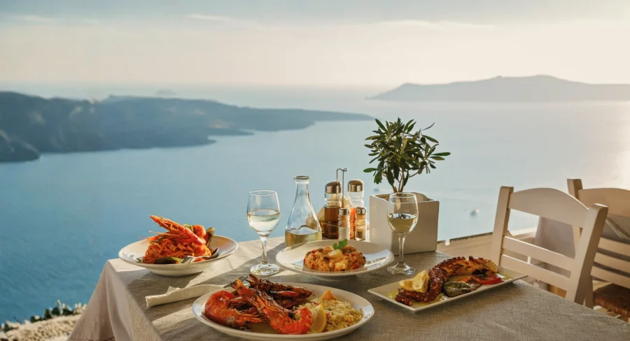 Mesa com refeições mediterrâneas e vista para o mar da Grécia, representando os hábitos alimentares equilibrados e o estilo de vida das Blue Zones.