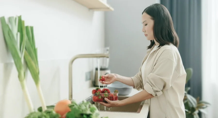 Mulher lavando morangos frescos na cozinha, simbolizando escolhas alimentares conscientes e o cuidado diário com a saúde.