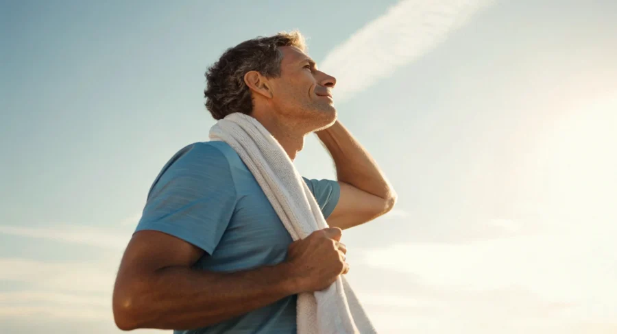 Homem maduro ao ar livre sob o sol, simbolizando energia, bem-estar e qualidade de vida conquistadas por meio da boa alimentação.